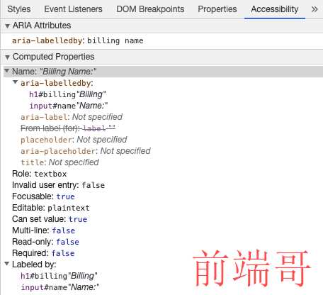 Chrome 开发者工具通过 aria-labelledby 展示 input 的无障碍访问名称